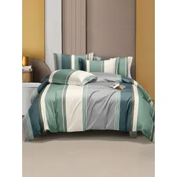 WEAVE AND DECOR White & Green Striped 300 TC Queen Bedsheet with 2 Pillow Covers-picture-40