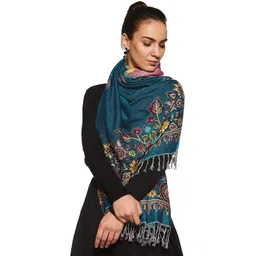 weavers villa Floral Print Cotton Viscose Blend Women Blue Scarf, Stole, Fancy Scarf-picture-13