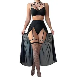 weavewear clothing Women Net Short Black Floral Dress Babydoll Lingerie with Panty Halter Neck Deep Back Pattern-picture-33