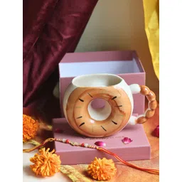 WEAVING HOMES Brown & White Donut Printed Ceramic Mug 250ml With Rakhi image 2