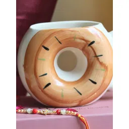 WEAVING HOMES Brown & White Donut Printed Ceramic Mug 250ml With Rakhi image 3