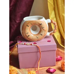 WEAVING HOMES Brown & White Donut Printed Ceramic Mug 250ml With Rakhi image 5
