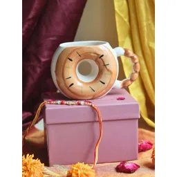 WEAVING HOMES Brown & White Donut Printed Ceramic Mug 250ml With Rakhi image 4