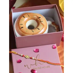 WEAVING HOMES Brown & White Donut Printed Ceramic Mug 250ml With Rakhi image 1