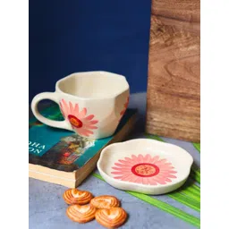 WEAVING HOMES Pink & White 2 Pieces Printed Ceramic Glossy Mug & Dessert Plate-picture-16