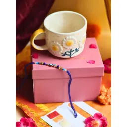 WEAVING HOMES Sunflower Bloom White & Blue Printed Ceramic Mug 250ml With Rakhi-picture-16