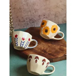 WEAVING HOMES Yellow & Off White 3 Pieces Printed Ceramic Glossy Mugs-picture-34