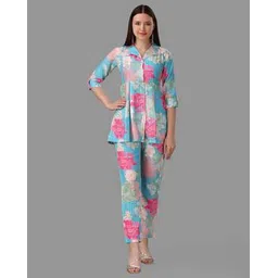 Floral Print Notched Lapel Top & Pants Set-image-27