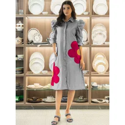 WEAVLLITE Women Floral Printed Puff Sleeves Knee Length Shirt Dress-image-16