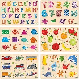 Webby Wooden Educational Colorful Alphabets, Counting Numbers, Fruits, Sea Animals, Public Transport and Shapes Puzzle for Preschool Kids - Set of 6-picture-11