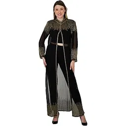 Wedding & Party Style wear Gown Hand Work Front Open Kaftan Dress Beaded Long Kimono Jacket Indian Luxury Vacation Outfit Saree Suit Cover Up XL Black Color 56 inches-picture-32