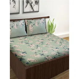 Wee Hours Green & Peach-Coloured Floral 300 TC Queen Bedsheet with 2 Pillow Covers-picture-40