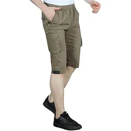 Men Cotton Regular Fit Solid Knee Length Short, 2 Zipper Pocket, 4 Button Pockets, Versatile ¾ Half Pants-image-7