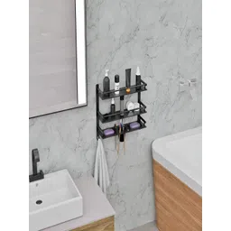 Well Set Black Stainless Steel 3-Tier Wall-Mounted Bathroom Rack with Utensil Holder-picture-26