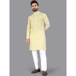 WELL TEX Men Yellow Solid Mandarin Collar Festive Ethnic Kurta-picture-18