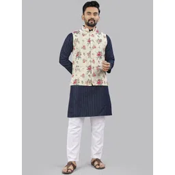 WELL TEX Striped Mandarin Collar Jacquard Weave Straight Kurta with Pyjamas & Nehru jacket-picture-24