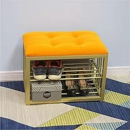 WellHouze Modern Shoe Rack: Space-Saving Wrought Iron Shoe Rack for The Living Room, Bedroom, and Hallway, Covered Velvet with Cushioned Seat for Setting (Yellow)-picture-13