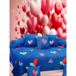 WELLNEST Set of 8 Blue & Red Heart Printed Cotton Diwan Set-picture-15