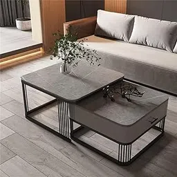 Welltrade Shoppee Modern Metal Square Coffee Table Set of 2, Marble Finish Stackable Center Table with Storage Drawer - 2 Piece Stylish End Tables for Living Room Bedroom or Aprtments (Black & Grey)-picture-10
