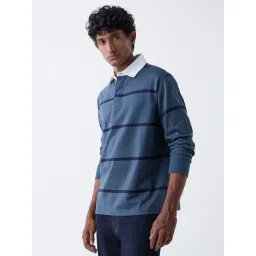 WES Casuals by Westside Dusty Blue Striped Relaxed Fit Polo T-Shirt-picture-29