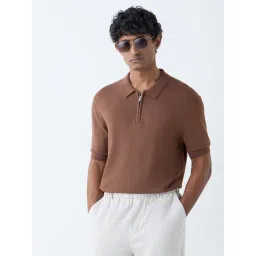 WES Formals by Westside Brown Relaxed-Fit Quarter-Zip Polo T-Shirt-picture-14