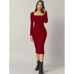Western Darji Women Cherry Red Square Neck Cotton Bodycon Midi Dress-picture-39