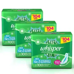 Whisper 44 Pcs White Cotton Disposable Ultra Clean Sanitary Pad Packet, Size: XL+ (Pack of 3)-picture-32