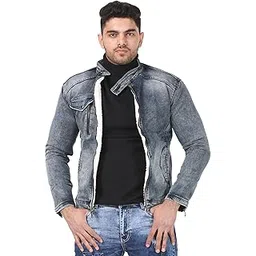white apple jns Men's Sherpa Lined Denim Jacket, Grey Washed Distressed, Winter Casual Wear with Zipper Front-picture-33