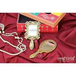 White Box Metal Handheld Mirror with Handle Vintage Compact for Personal Makeup Vanity Portable Travel Skin Mirror (Golden Oval and Square)-picture-38