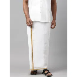 WHITE HEART Men White & Gold Solid Pure Cotton Dhoti-picture-32