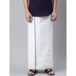 WHITE HEART Men White & Green Solid Pure Cotton Dhoti-picture-31
