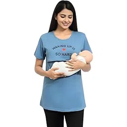 white moon Female's Maternity Wear Night Dresses Mother Cotton for Pregnant Women Gown Baby Feeding Night Dress with Front Zip Breathable Zipper Nighties Pregnancy Stylish Tee (Pack of 1)-picture-22