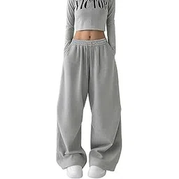Wide Leg Sweatpants, High Waist Elastic, Loose Fit Athletic Trousers, Grey-picture-33