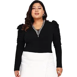 wild u Women Plus Size Crop Top | Hand Embellished | Stretchable | Club Wear | Trendy Stylish | Puff Sleeves (Black, Size : 3XL-10XL)-picture-23