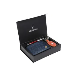 WildHorn Men Blue & Orange RFID Protected Genuine Leather Wallet & Pen Accessory Gift Set image 1