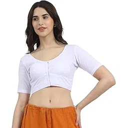 wilyblouse 100% Cotton Saree Blouse (Bra Size Fitting) Front Open with Hook Half Sleeve Solid Colour 51 White - Size (36)-picture-15