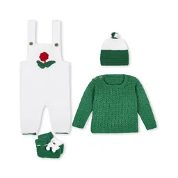 Windrop Solutions Floral Designed Dungaree With Solid Coordinating Sweater Cap & Booties Set - Green-picture-11