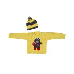 Windrop Solutions Full Sleeves Animal Designed Crocheted Sweater With Striped Coordinating Cap Set - Yellow-image-2