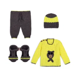 Windrop Solutions Full Sleeves Bear Designed Crocheted Sweater With Coordinating Solid Pajama Cap & Booties Set - Yellow & Black-image-21
