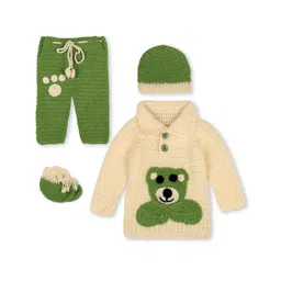 Windrop Solutions Full Sleeves Bear Embroidered Crocheted Sweater With Coordinating Pajama Cap & Booties Set - Beige & Green-image-33