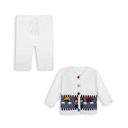 Windrop Solutions Full Sleeves Cars Designed Crocheted Sweater With Solid Pant Set - White-image-22