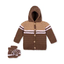 Windrop Solutions Full Sleeves Colour Blocked Crochet Hooded Sweater With Booties Set - Brown-image-44