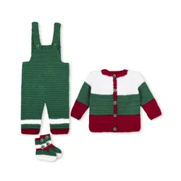 Windrop Solutions Full Sleeves Colour Blocked Crocheted Sweater With Coordinating Dungaree & Booties Set - Green & Red-image-35