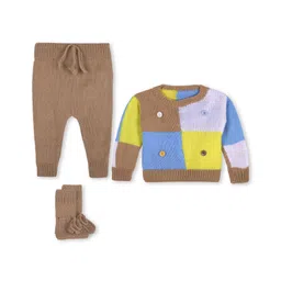 Windrop Solutions Full Sleeves Crocheted Sweater With Solid Coordinating Pajama & Booties Set - Brown-image-19