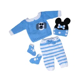 Windrop Solutions Full Sleeves Dog Designed Crocheted Sweater With Coordinating Striped Pajama Cap & Booties Set - Blue-image-38