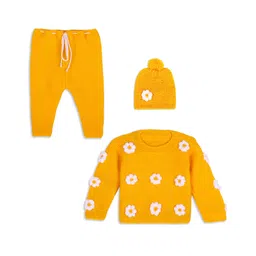 Windrop Solutions Full Sleeves Floral Designed Crocheted Sweater With Coordinating Pajama & Cap Set - Yellow-image-37