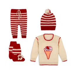 Windrop Solutions Full Sleeves Ice Cream Designed Crocheted Sweater With Coordinating Striped Pajama Cap & Booties Set - Beige & Red-image-40