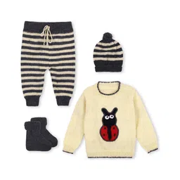 Windrop Solutions Full Sleeves Lady Bug Designed Crocheted Sweater With Coordinating Striped Pajama Cap & Booties Set - Beige-image-39