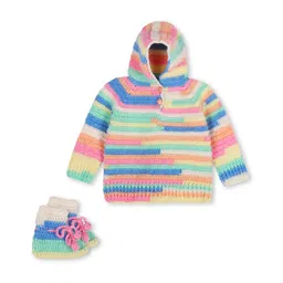 Windrop Solutions Full Sleeves Self Designed Crochet Hooded Sweater With Booties Set - Multi Colour-image-1