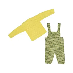 Windrop Solutions Full Sleeves Solid Crocheted Sweater With Abstract Designed Dungaree Set - Yellow & Green-image-9